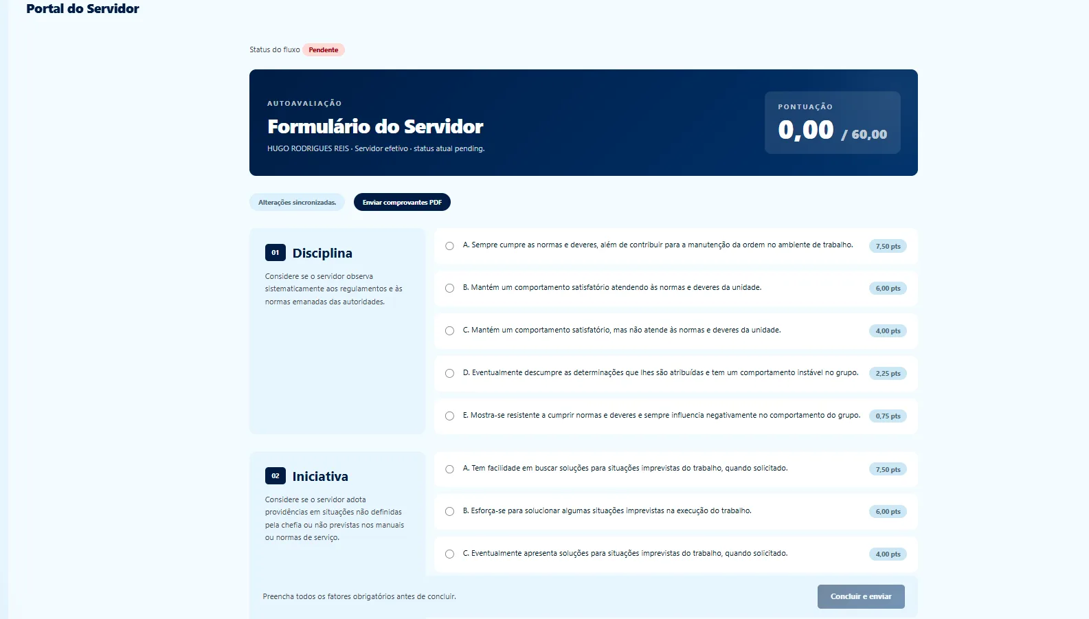 Formulário de autoavaliação institucional com critérios de disciplina e iniciativa, pontuação à direita e opções de resposta